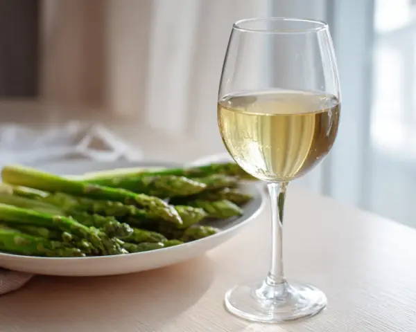 En tallrik med färsk grön sparris och ett glas vitt vin. Perfekt kombination för en lätt och god måltid.