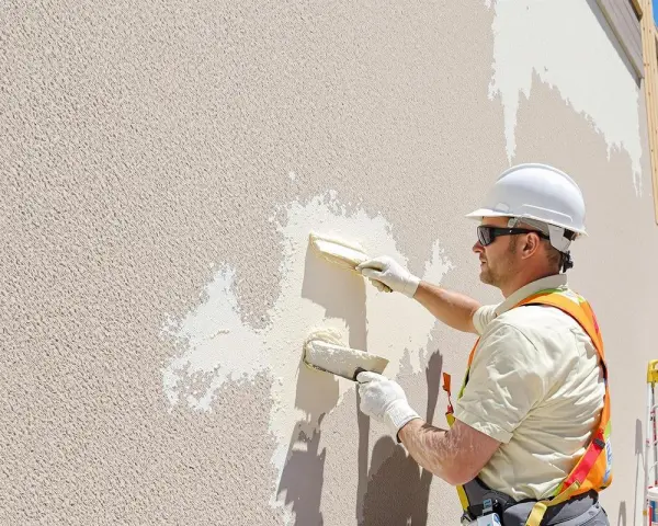 Un ouvrier en casque blanc applique un nouvel enduit extérieur sur un enduit existant, à l'aide de deux truelles.