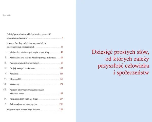Spis treści z Dekalogiem i cytatem "Dziesięć prostych słów, od których zależy przyszłość człowieka i społeczeństw".