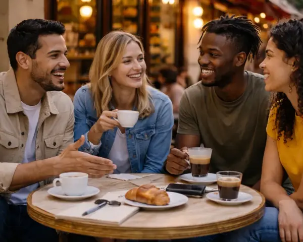 Amigos riendo y tomando café en una terraza. Uno dice "hola en francés" mientras comparten un croissant.