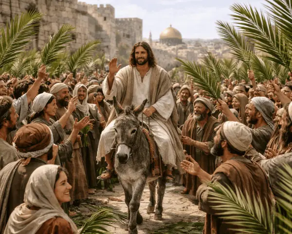 Jesus reitet auf einem Esel in Jerusalem ein, umgeben von jubelnden Menschen mit Palmzweigen. Ein Moment des christlichen Ostern.