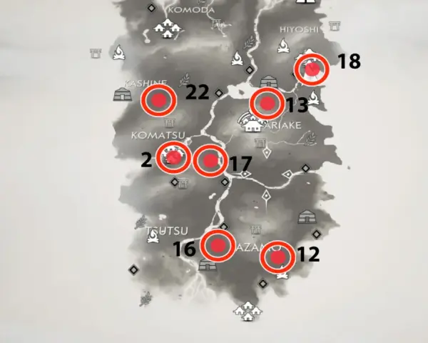 Mapa de Tsushima con marcadores rojos indicando ubicaciones de documentos. ¡Encuentra todos los documentos de Ghost of Tsushima!
