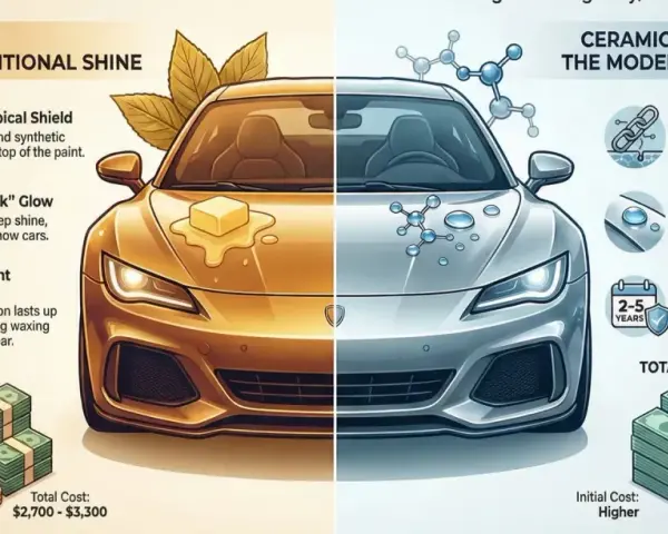 Car wax provides a temporary shine, requiring frequent reapplication. This graphic compares it to ceramic coating.