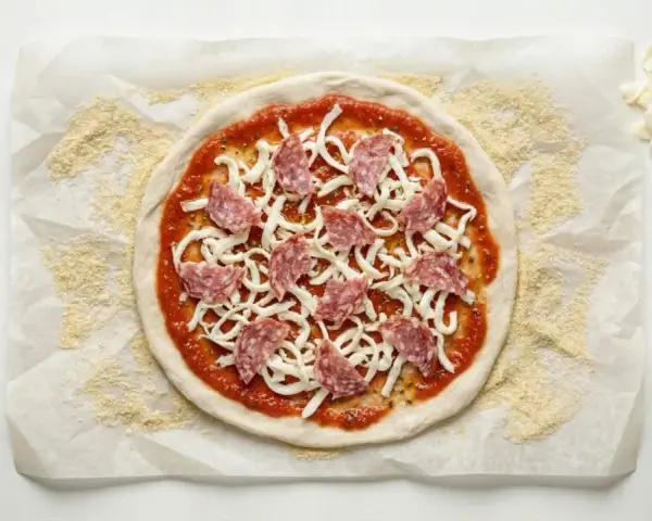 Gotowe ciasto na pizzę bez wyrastania, posmarowane sosem, posypane serem i salami. Obok miseczka sosu i dodatkowy ser.