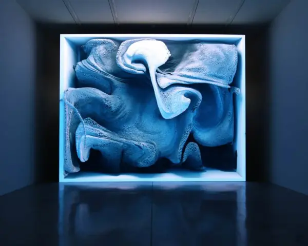 Une oeuvre d'art numérique captivante, aux formes bleutées et texturées, évoquant un nuage ou une vague figée dans un cube lumineux.