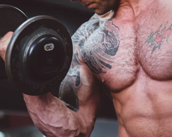 Muskulös man med tatueringar lyfter en 30 kg hantel. Frågan är om man kan bygga muskler på kaloriunderskott.