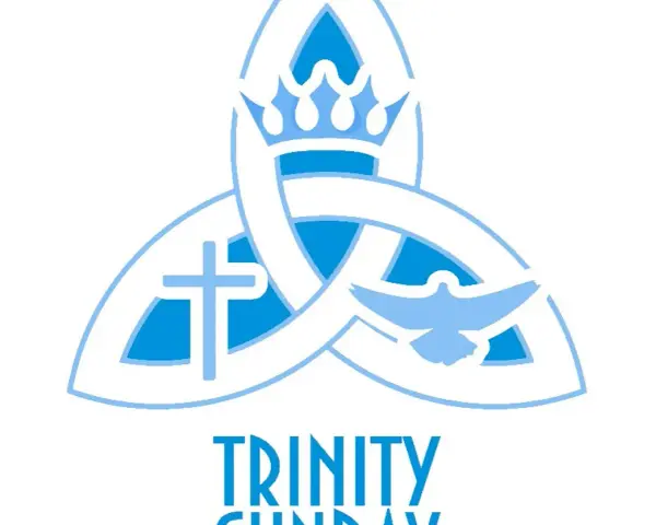 A blue and white emblem symbolizing the solemnity of the Most Holy Trinity, featuring a triquetra, a cross, a dove, and a crown.