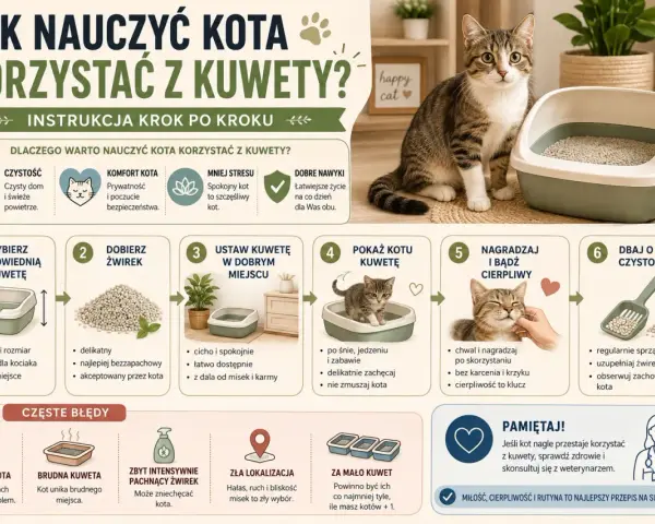Jak nauczyć dorosłego kota korzystać z kuwety? Instrukcja krok po kroku: wybierz kuwetę, dobierz żwirek, ustaw w dobrym miejscu, pokaż kotu, nagradzaj i bądź cierpliwy, dbaj o czystość.