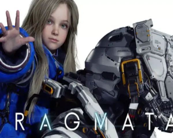 Niña con traje azul y un robot futurista. El título "PRAGMATA" aparece en la imagen.