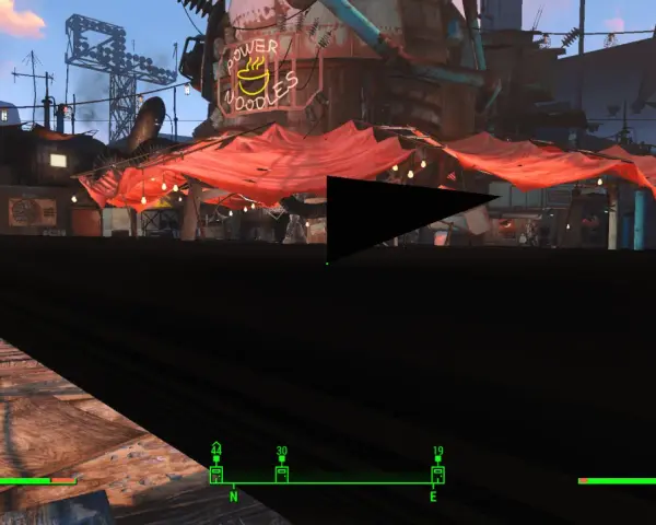 Postapokaliptyczna sceneria z neonem "Power Noodles" i czerwonymi markizami, jak w grze fallout 4 next gen.
