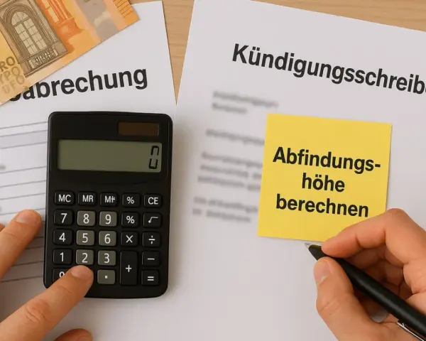 Kündigungsschreiben mit Notiz "Abfindungshöhe berechnen", Taschenrechner und Euro-Scheinen. Berechnung der Abfindung für einen Kleinbetrieb.