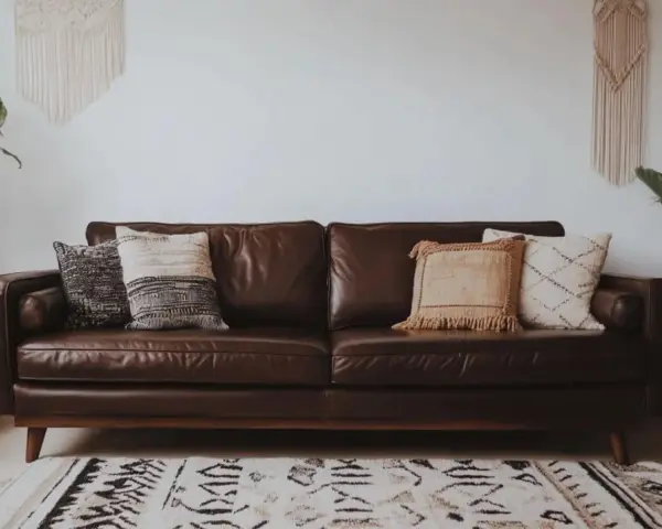 Un canapé marron en cuir, décoré de coussins texturés. Idéal pour savoir quelle couleur associer avec un canapé marron, avec des plantes vertes et un tapis ethnique.