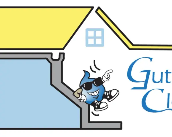 A cartoon water drop character with sunglasses and sneakers jumps out of a gutter, illustrating how to clean gutters. The logo "Gutter Clear LLC" is beside it.