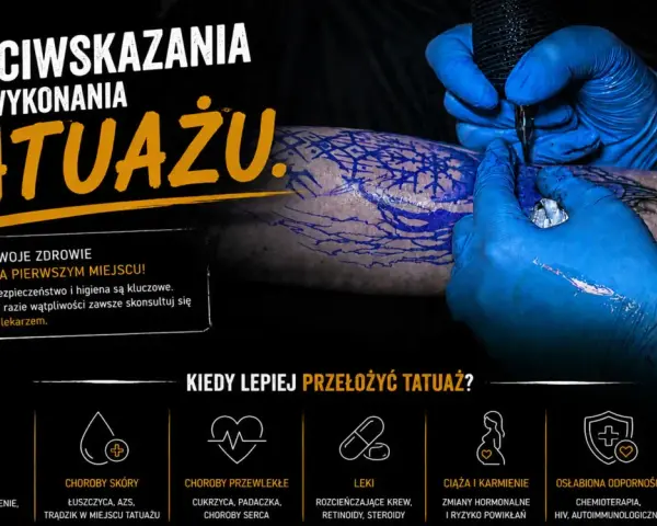 Rękawiczki ochronne wykonują tatuaż. Grafika ostrzega przed przeciwwskazaniami, w tym gorączką, by uniknąć powikłań.
