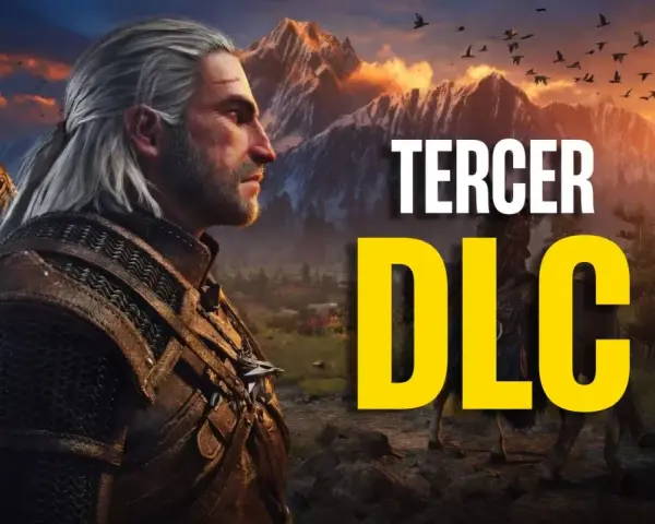 Geralt de Rivia, con sus espadas a la espalda, mira hacia un paisaje montañoso al atardecer. El texto "TERCER DLC" destaca en amarillo y blanco, anunciando una expansión para The Witcher 3.