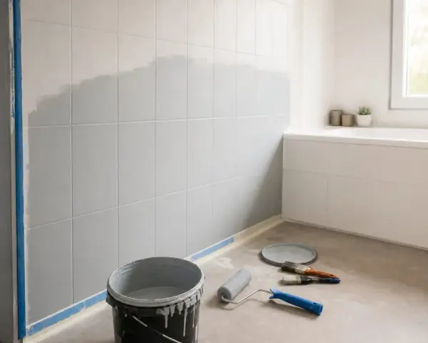 Rénovation de salle de bain : on est en train de repeindre le carrelage mural en gris. Matériel de peinture au sol.