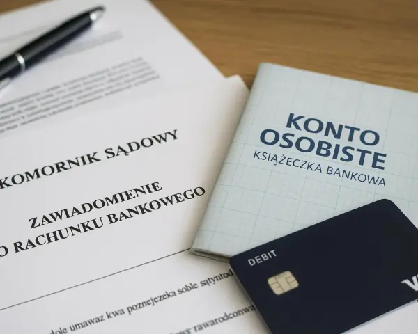 Dokumenty komornicze, książeczka "Konto Osobiste" i karta debetowa. Szybko komornik znajdzie nowe konto, gdy dane są aktualne.