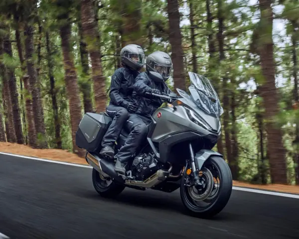 Pareja en moto, disfrutando de un viaje por un bosque. La moto, su primera moto, es gris y moderna, con alforjas.