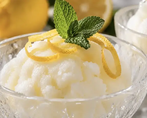 Sorbetto al limone senza albume, fresco e profumato, guarnito con scorzette di limone e foglioline di menta.
