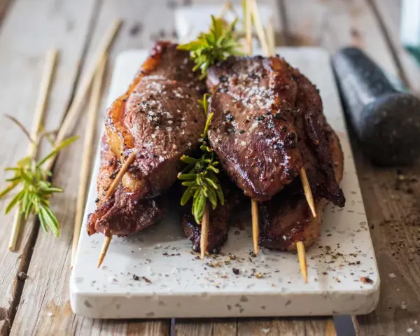 Brochettes de magret de canard marinées, garnies de romarin frais et saupoudrées de gros sel. Un délice à partager.