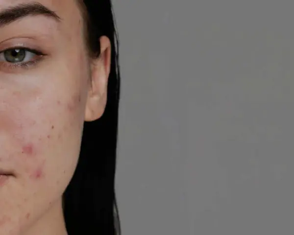 Primo piano del viso di una giovane donna con brufoli e rossori. L'acido ialuronico può aiutare a migliorare l'aspetto della pelle.