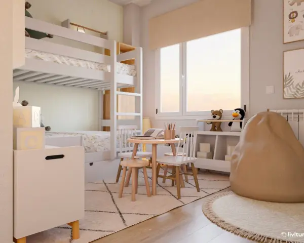 Habitación infantil con litera, ideal para como dividir una habitación para niño y niña. Zona de juegos con mesa y sillas, y un cómodo puf.