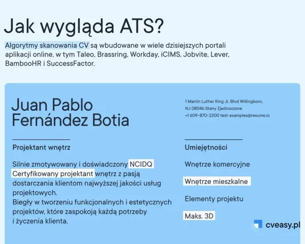 CV Juan Pablo Fernández Botia, projektanta wnętrz, z certyfikatem NCIDQ. Algorytmy ATS analizują CV, by znaleźć dopasowanych kandydatów.