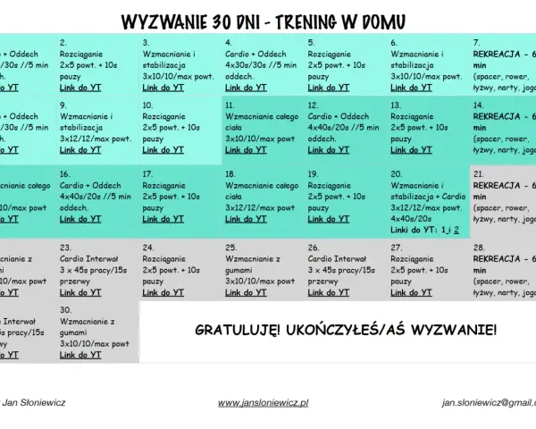 Plan 30-dniowego wyzwania treningowego w domu, z ćwiczeniami i linkami do nauki rysunku.