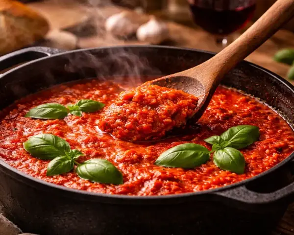 Une cuillère en bois sert une généreuse portion de sauce tomate maison fumante, garnie de basilic frais.