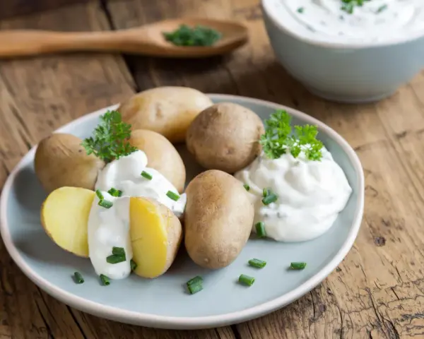 Gedämpfte Kartoffeln mit Kräuterquark und Schnittlauch, schnell in der Mikrowelle zubereitet.