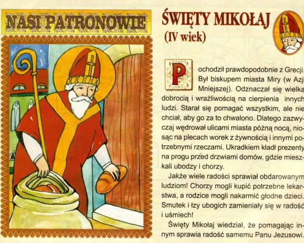 Ilustracja z baśni o św. Mikołaju: biskup z laską i workiem pełnym chleba, który obdarowuje potrzebujących.