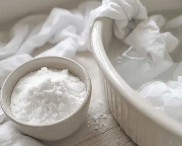 Un bol de bicarbonate de soude à côté d'un plat rempli d'eau et de linge blanc. Idéal pour éliminer les taches jaunes.