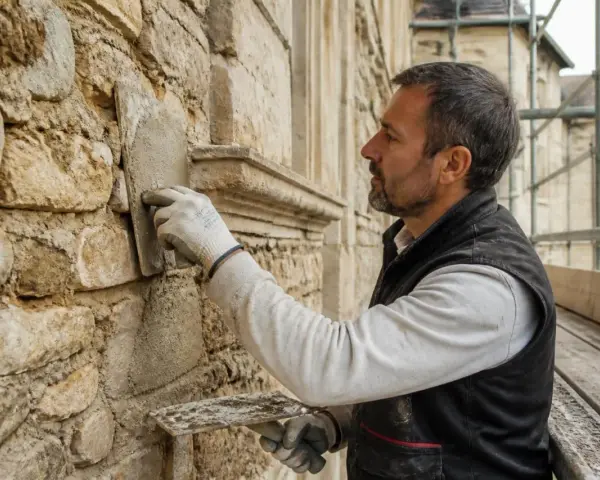 Un artisan applique du mortier sur un mur en pierre pour rénover une maison ancienne. L'échafaudage indique que le travail est en cours.