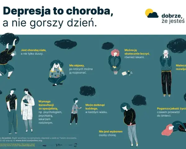 Ilustracja pokazuje osoby zmagające się z depresją, podkreślając jej fizyczne objawy i potrzebę leczenia.