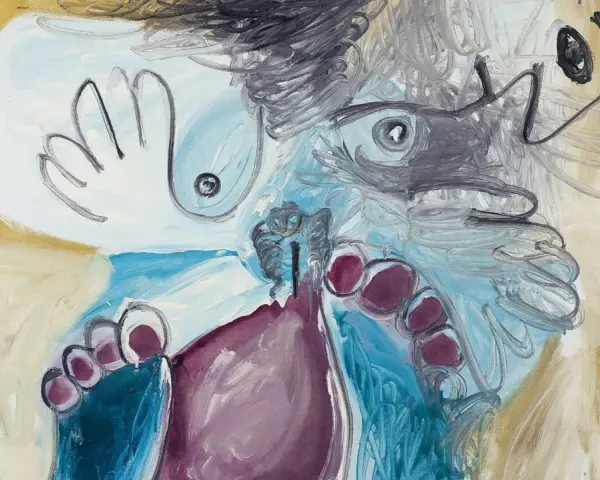 Fakta om Picasso: En målning med en abstrakt figur, med framträdande fötter och en hand.