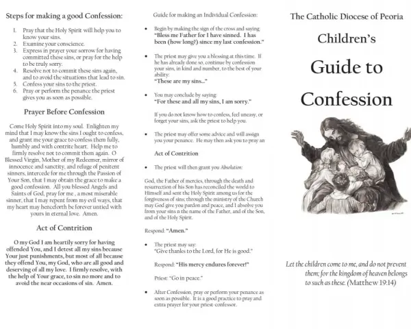 A guide to confession, with examples of sins to say, prayers, and the steps for a good confession.