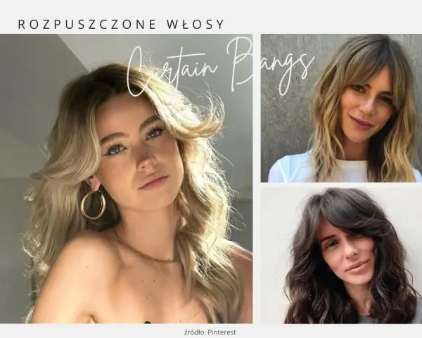 Trzy kobiety z rozpuszczonymi włosami. Dwie z nich mają modną grzywkę curtain bangs, która dodaje im uroku.