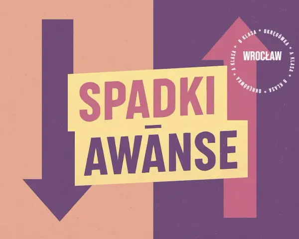 Grafika o spadkach i awansach w piłce nożnej, z hasłem "SPADKI AWANSE" i informacją o klasach rozgrywkowych we Wrocławiu.
