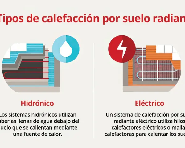 Ilustración de dos tipos de suelo radiante: hidrónico con tuberías de agua y eléctrico con hilos calefactores.