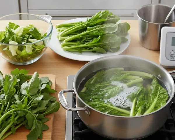Préparation pour la cuisson d'épinards frais. Des légumes verts bouillent dans une casserole, d'autres attendent sur une assiette et une planche à découper.
