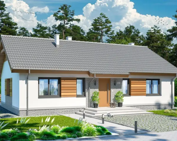 Nowoczesny dom energooszczędny projekt z szarym dachem, białymi ścianami i drewnianymi elementami. Otoczony zielenią, z podjazdem i schodami do drzwi.
