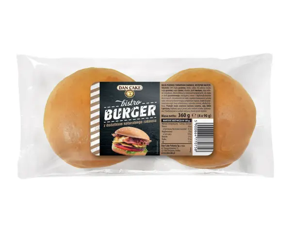Dwie bułki do burgerów w opakowaniu, z etykietą z wizerunkiem burgera.
