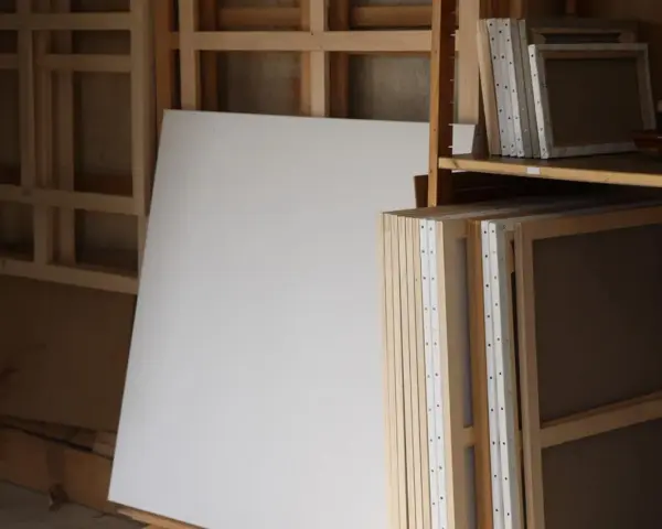 Un grand chevalet supporte une toile vierge. Des châssis entoilés, prêts à être peints, sont empilés, attendant l'inspiration.