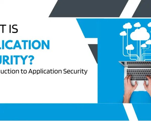 An introduction to application security meaning: hands typing on a laptop connected to cloud icons, illustrating secure data flow.