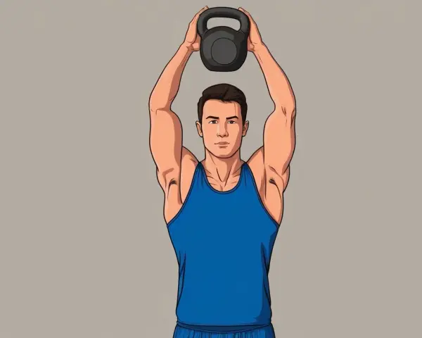 Man i blått linne lyfter en kettlebell över huvudet, en del av en kettlebell snatch-rörelse.