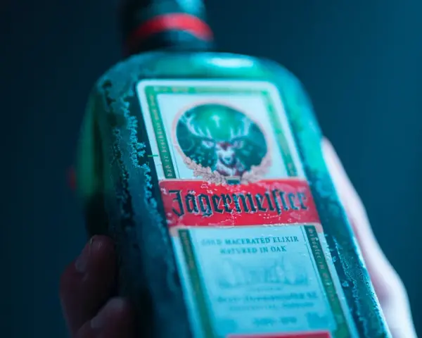 Zimna butelka Jägermeistera, znanego jako "zimny macerowany eliksir dojrzewający w dębie", z charakterystycznym jeleniem na etykiecie.