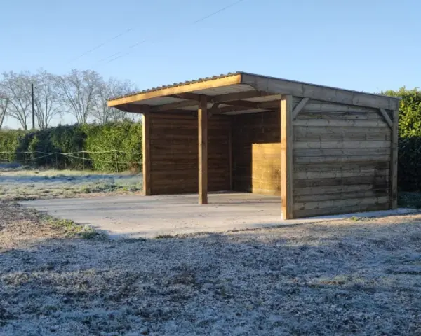 Abri pour chevaux d'occasion en bois, avec toit métallique, sur un sol gelé. Parfait pour protéger vos équidés du froid.