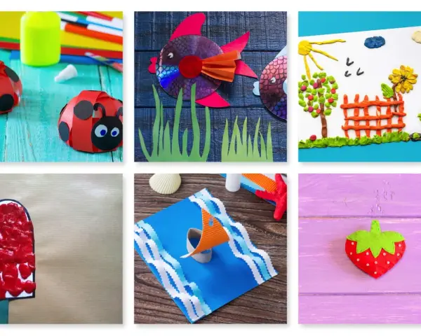 Manualidades de verano: mariquitas de cartulina, peces de CD, paisaje de plastilina, helado, barco y fresa.