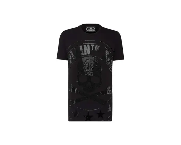 Czarna Philipp Plein koszulka z czaszką i cekinami, ozdobiona gwiazdami.