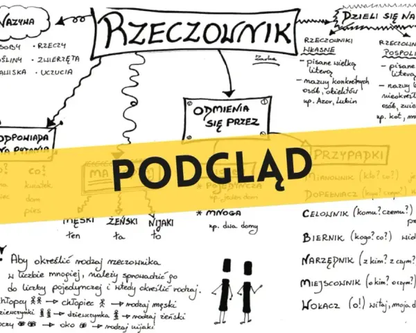 Podgląd rzeczownika: nazwy, odmiana przez przypadki, rodzaje (męski, żeński, nijaki), liczby (pojedyncza, mnoga). Rzeczowniki dzielą się na własne i pospolite.